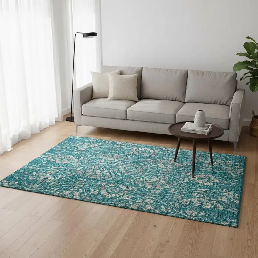 Teal And Beige Floral Washable Area Rug With UV Protection Photo 2