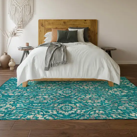 Teal And Beige Floral Washable Area Rug With UV Protection Photo 6