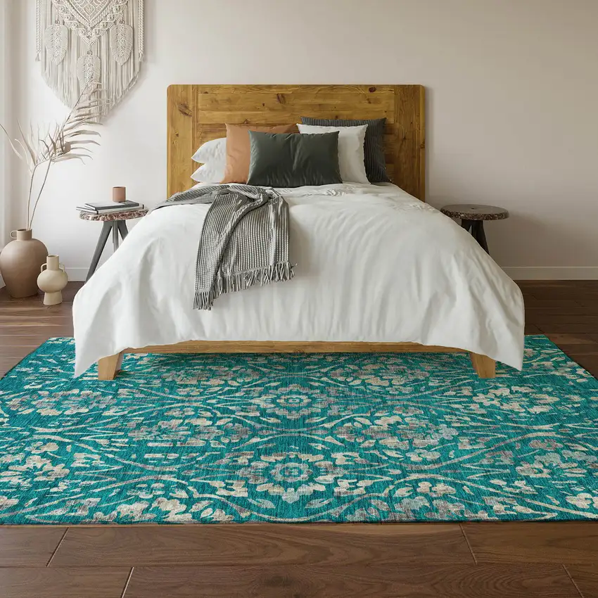 Teal And Beige Floral Washable Area Rug With UV Protection Photo 6