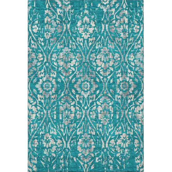 Teal And Beige Floral Washable Area Rug With UV Protection Photo 4