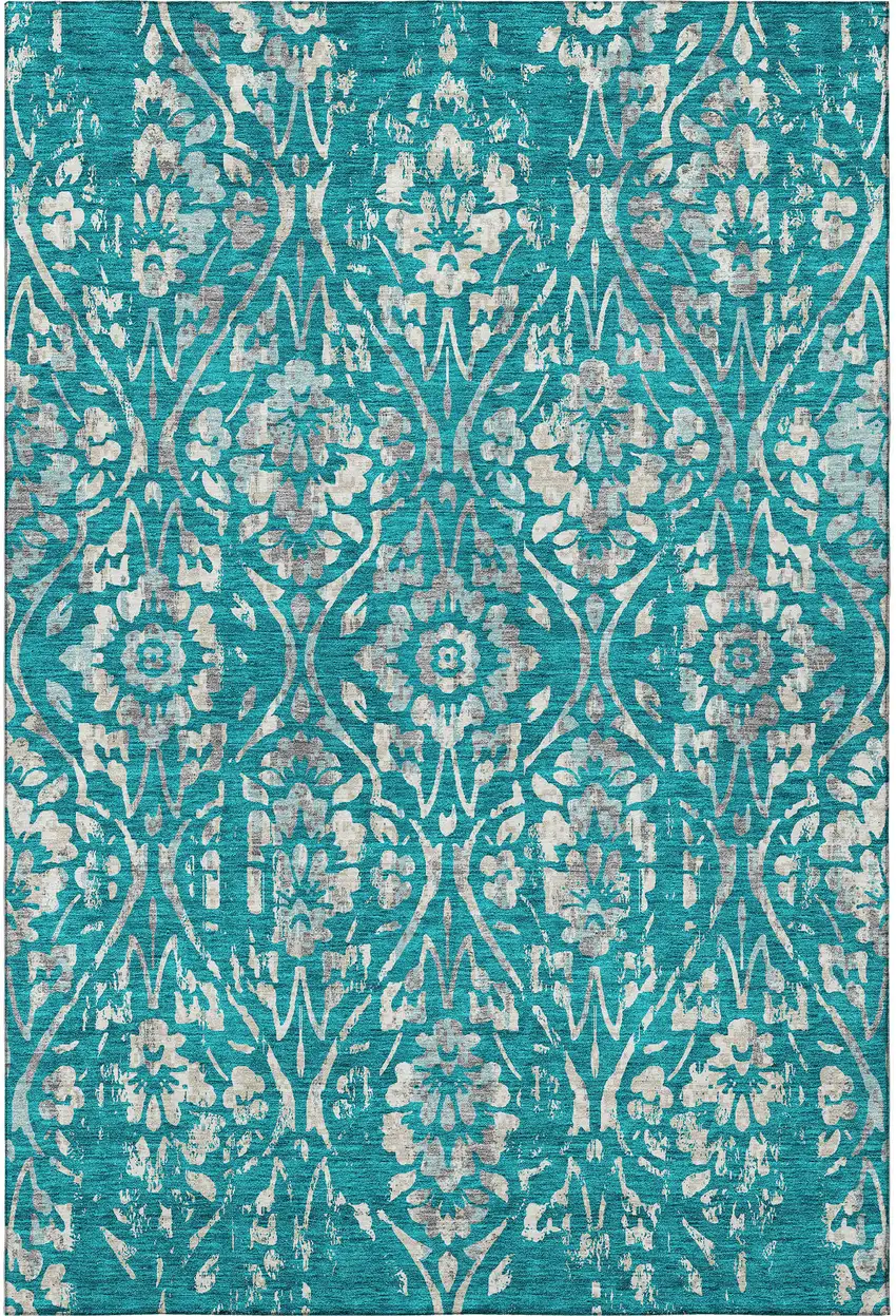 Teal And Beige Floral Washable Area Rug With UV Protection Photo 4