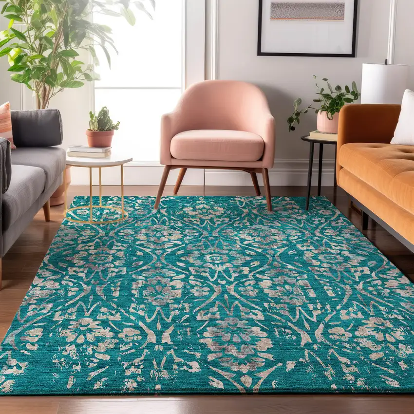 Teal And Beige Floral Washable Area Rug With UV Protection Photo 5