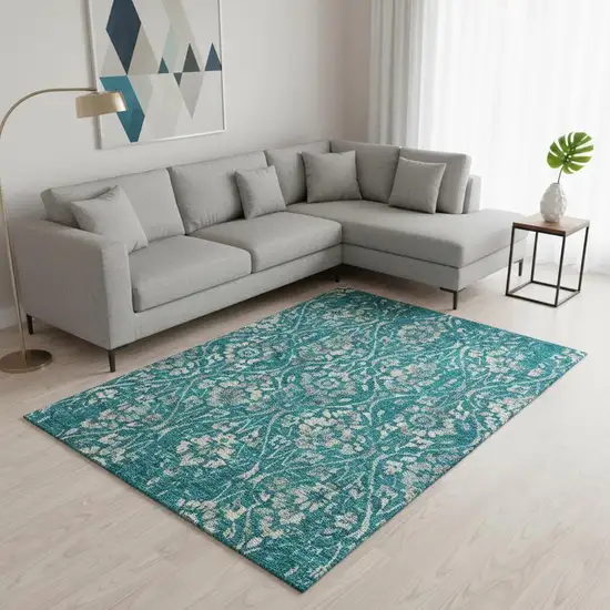 Teal And Beige Floral Washable Area Rug With UV Protection Photo 2