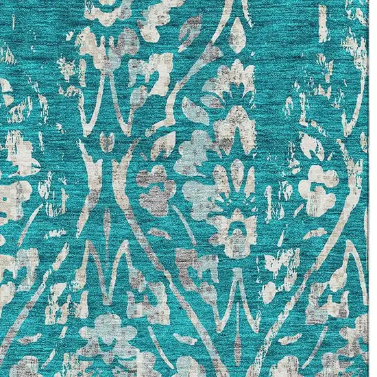 Teal And Beige Floral Washable Area Rug With UV Protection Photo 3