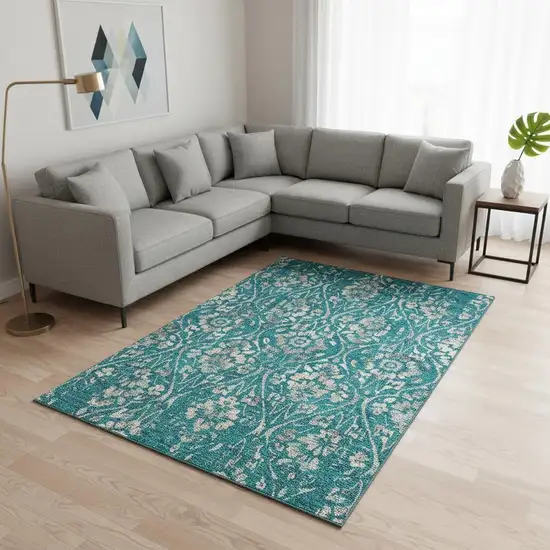 Teal And Beige Floral Washable Area Rug With UV Protection Photo 2
