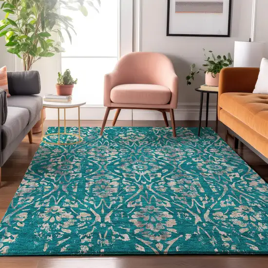 Teal And Beige Floral Washable Area Rug With UV Protection Photo 5