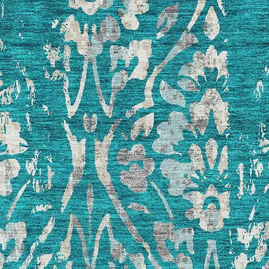 Teal And Beige Floral Washable Area Rug With UV Protection Photo 3