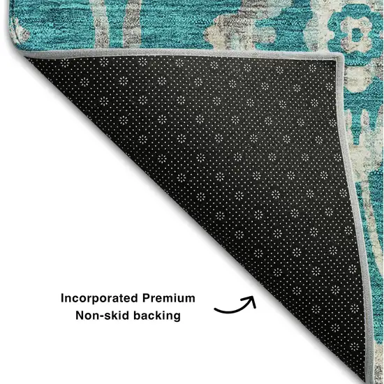 Teal And Beige Floral Washable Area Rug With UV Protection Photo 7