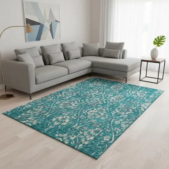 Teal And Beige Floral Washable Area Rug With UV Protection Photo 2