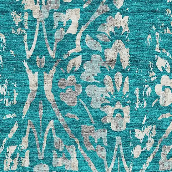 Teal And Beige Floral Washable Area Rug With UV Protection Photo 3