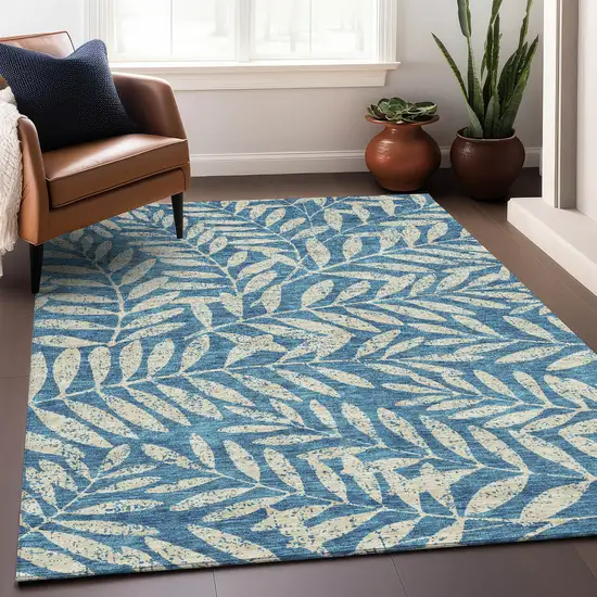 Teal And Beige Floral Washable Area Rug With UV Protection Photo 5