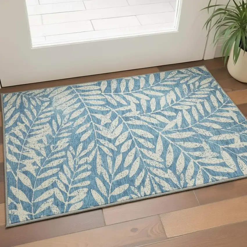 Teal And Beige Floral Washable Area Rug With UV Protection Photo 2