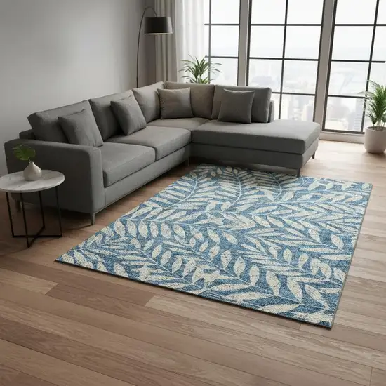 Teal And Beige Floral Washable Area Rug With UV Protection Photo 2