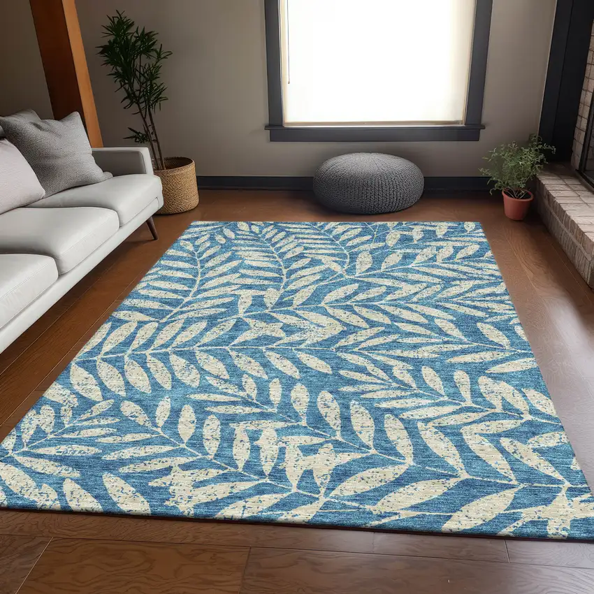 Teal And Beige Floral Washable Area Rug With UV Protection Photo 6