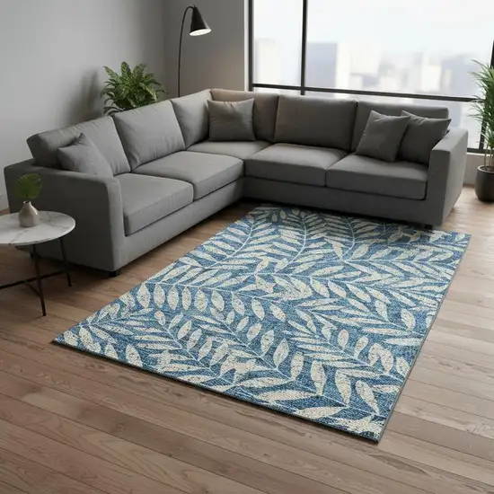 Teal And Beige Floral Washable Area Rug With UV Protection Photo 2