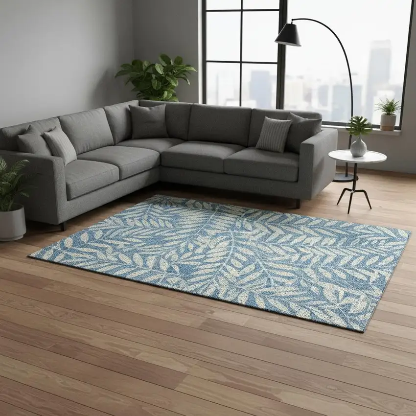 Teal And Beige Floral Washable Area Rug With UV Protection Photo 2