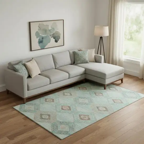 Teal And Beige Geometric Washable Area Rug With UV Protection Photo 2