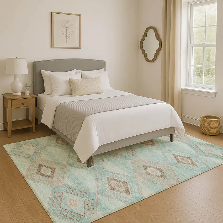 Teal And Beige Geometric Washable Area Rug With UV Protection Photo 5