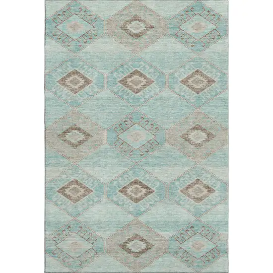 Teal And Beige Geometric Washable Area Rug With UV Protection Photo 1