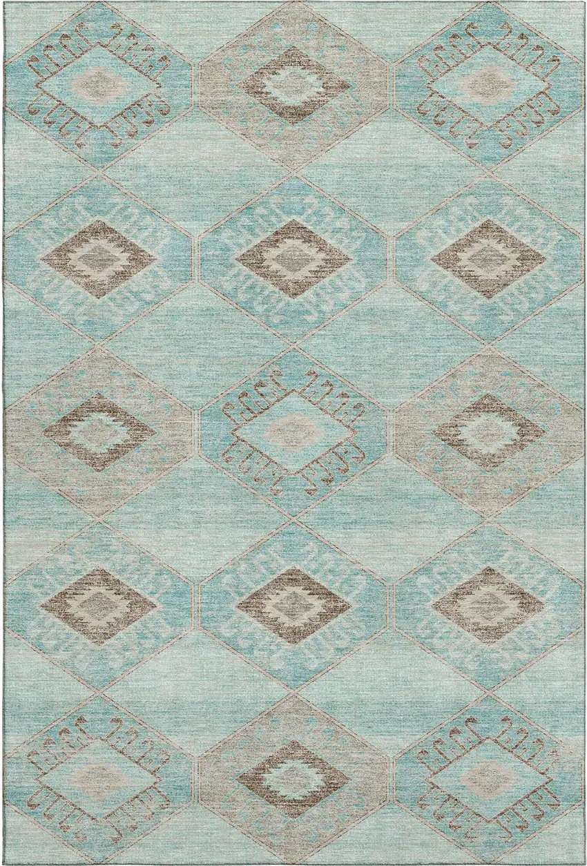 Teal And Beige Geometric Washable Area Rug With UV Protection Photo 1