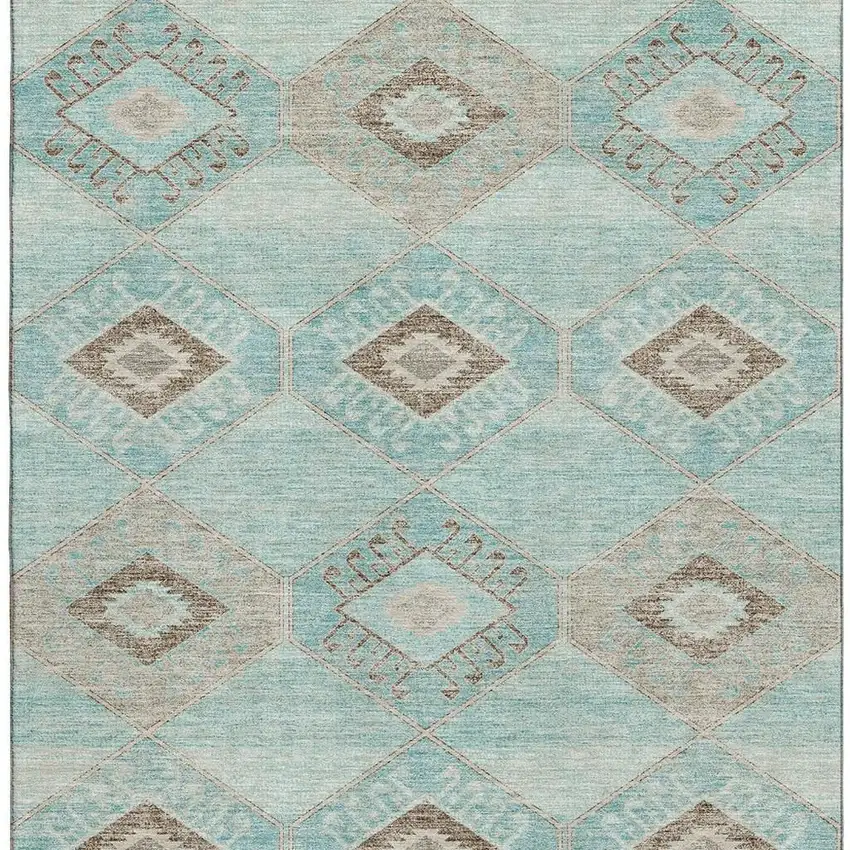 Teal And Beige Geometric Washable Area Rug With UV Protection Photo 4