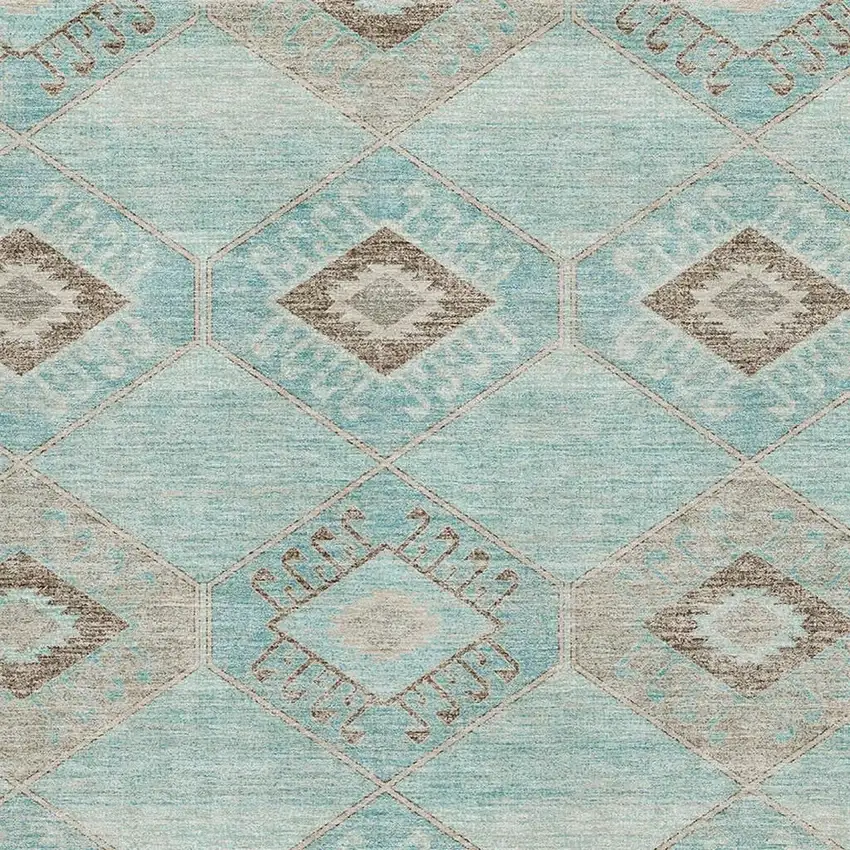Teal And Beige Geometric Washable Area Rug With UV Protection Photo 3