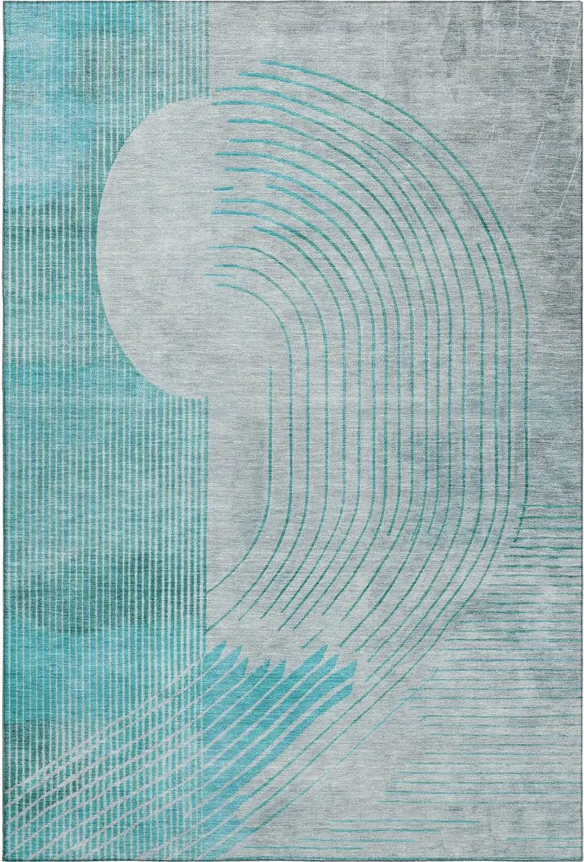 Teal And Beige Geometric Washable Area Rug With UV Protection Photo 7