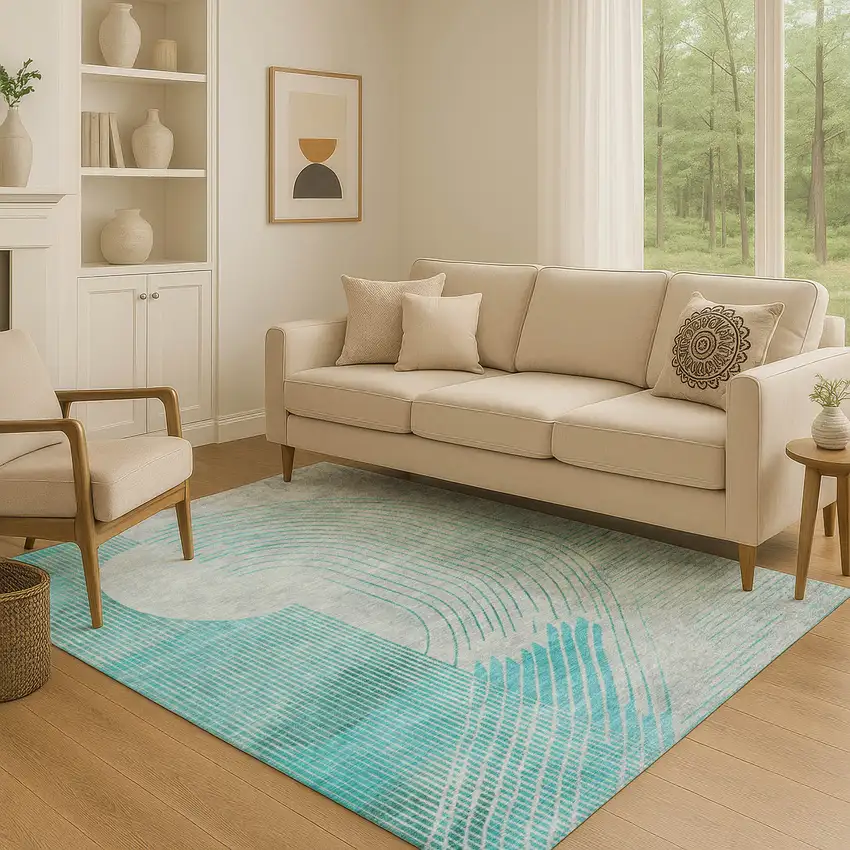 Teal And Beige Geometric Washable Area Rug With UV Protection Photo 5