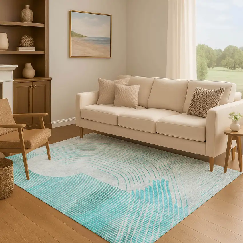 Teal And Beige Geometric Washable Area Rug With UV Protection Photo 6