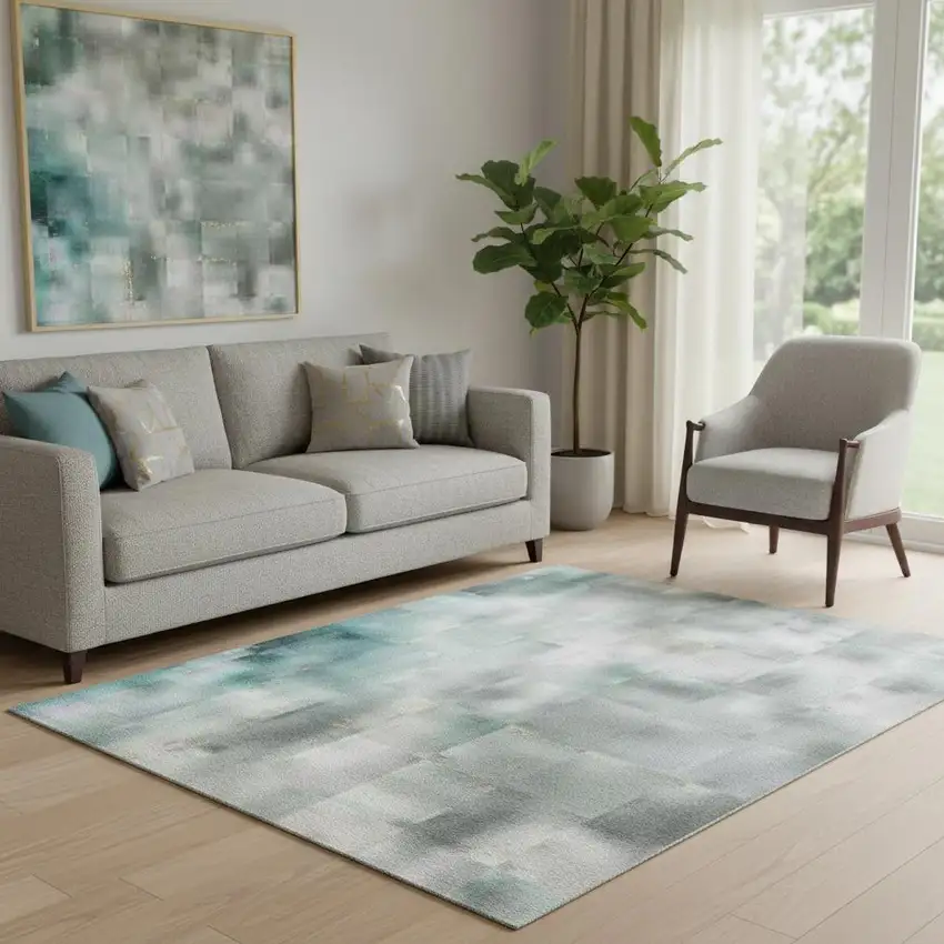 Teal And Beige Geometric Washable Area Rug With UV Protection Photo 2
