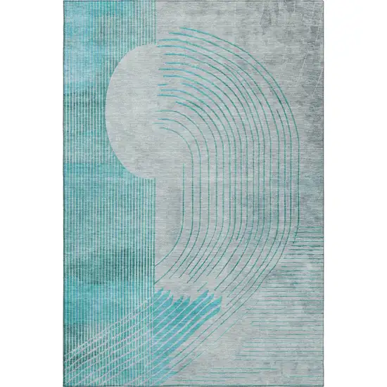 Teal And Beige Geometric Washable Area Rug With UV Protection Photo 7