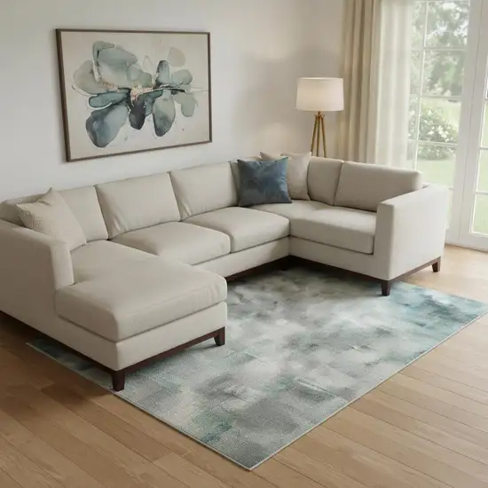 Teal And Beige Geometric Washable Area Rug With UV Protection Photo 2