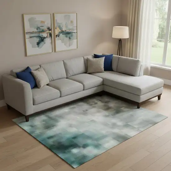 Teal And Beige Geometric Washable Area Rug With UV Protection Photo 2