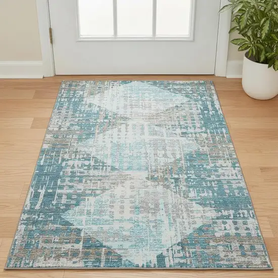 Teal And Beige Geometric Washable Area Rug With UV Protection Photo 2