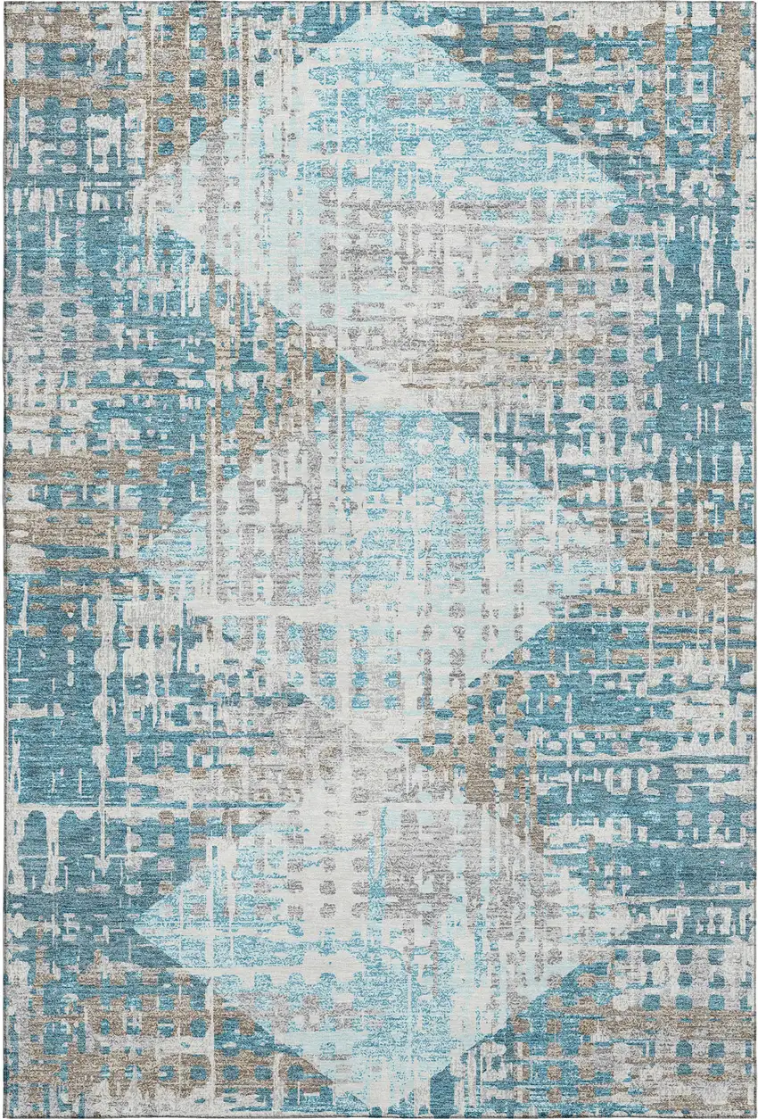 Teal And Beige Geometric Washable Area Rug With UV Protection Photo 1