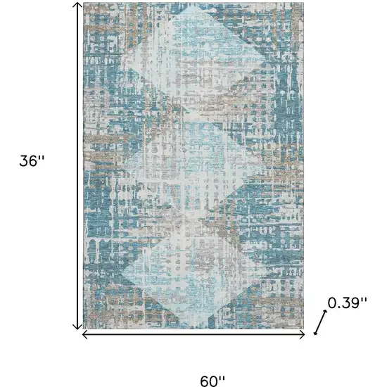 Teal And Beige Geometric Washable Area Rug With UV Protection Photo 9