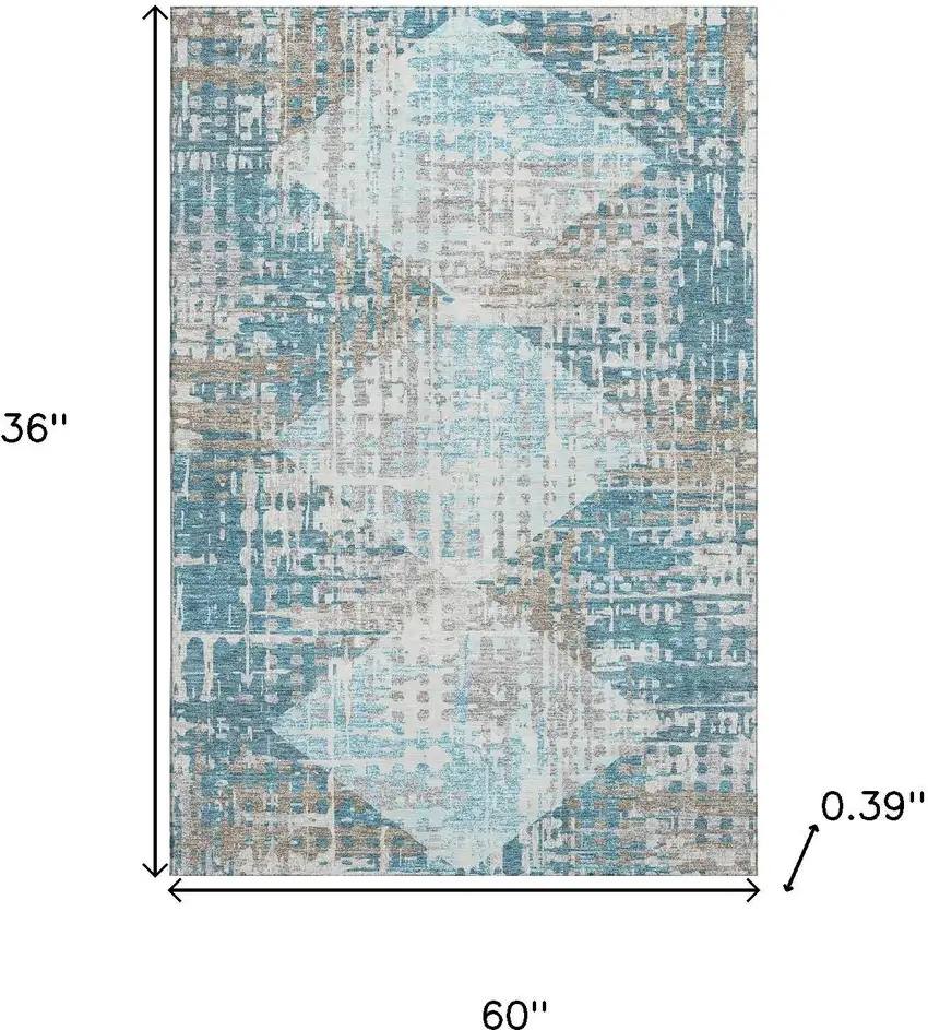 Teal And Beige Geometric Washable Area Rug With UV Protection Photo 9