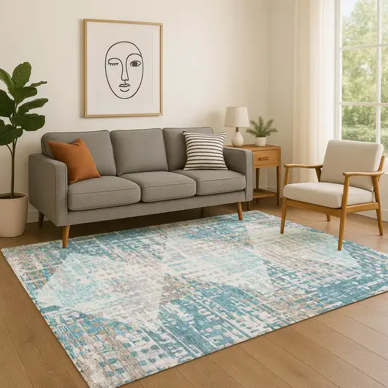 Teal And Beige Geometric Washable Area Rug With UV Protection Photo 5