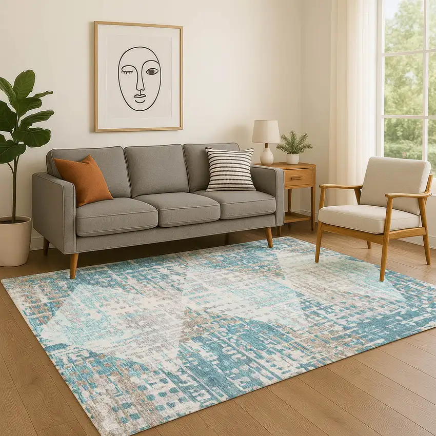 Teal And Beige Geometric Washable Area Rug With UV Protection Photo 5