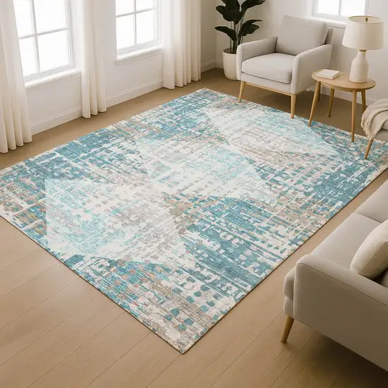 Teal And Beige Geometric Washable Area Rug With UV Protection Photo 6
