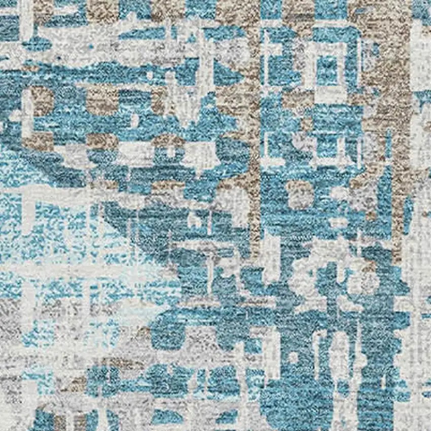 Teal And Beige Geometric Washable Area Rug With UV Protection Photo 3
