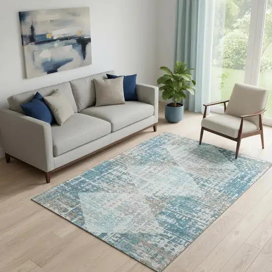 Teal And Beige Geometric Washable Area Rug With UV Protection Photo 2