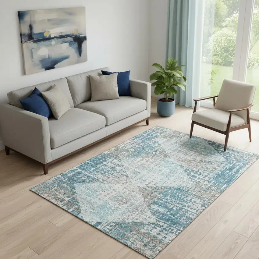 Teal And Beige Geometric Washable Area Rug With UV Protection Photo 2