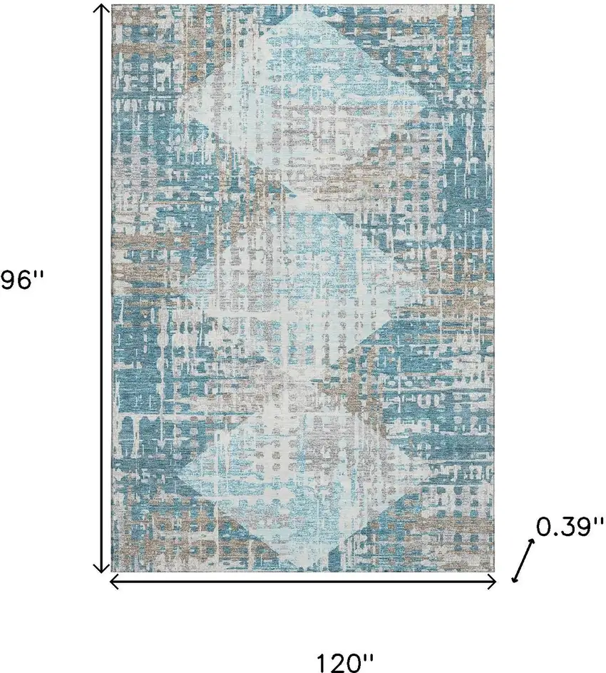 Teal And Beige Geometric Washable Area Rug With UV Protection Photo 9