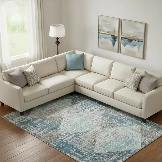 Teal And Beige Geometric Washable Area Rug With UV Protection Photo 2