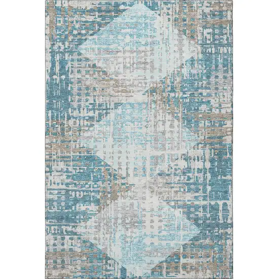 Teal And Beige Geometric Washable Area Rug With UV Protection Photo 4