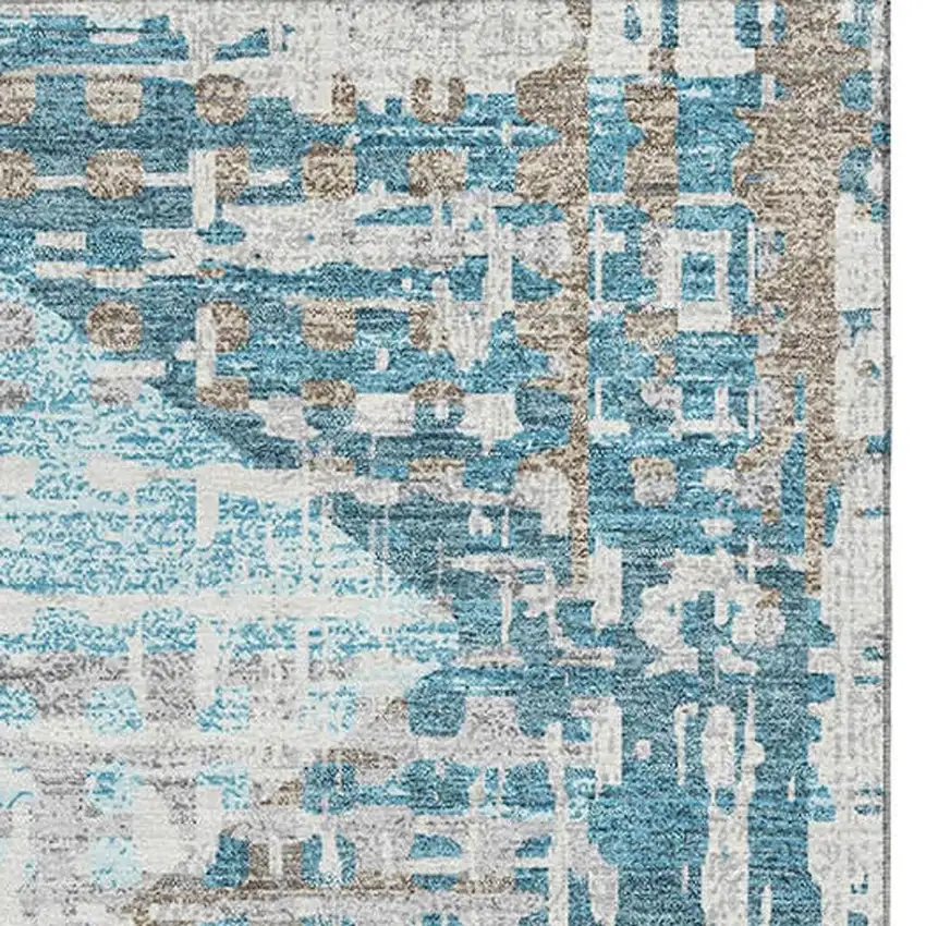Teal And Beige Geometric Washable Area Rug With UV Protection Photo 3