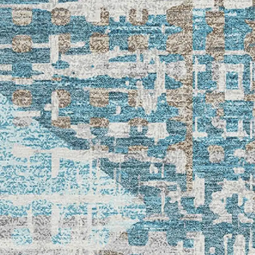 Teal And Beige Geometric Washable Area Rug With UV Protection Photo 3