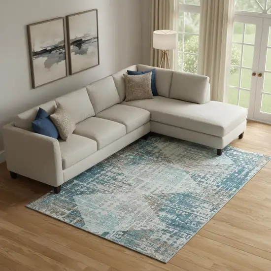 Teal And Beige Geometric Washable Area Rug With UV Protection Photo 2