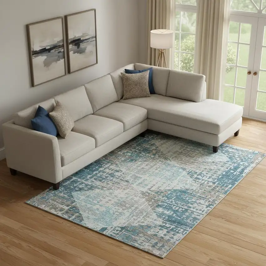 Teal And Beige Geometric Washable Area Rug With UV Protection Photo 2